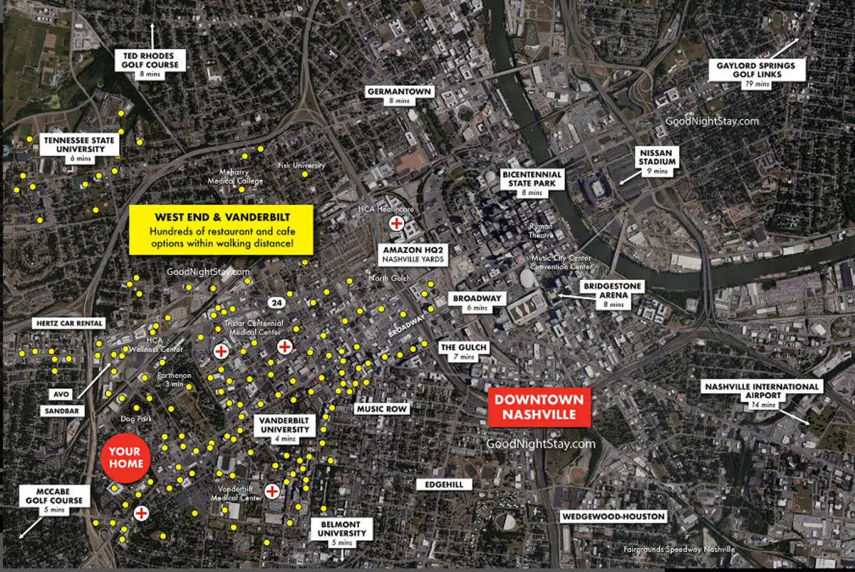 A sweeping daytime city view that includes Downtown Nashville and Vanderbilt University, showcasing a concentration of diverse restaurants, cafes, and cultural attractions. The scene is lively, filled with activity, and hints at the culinary and entertainment opportunities that define the area.