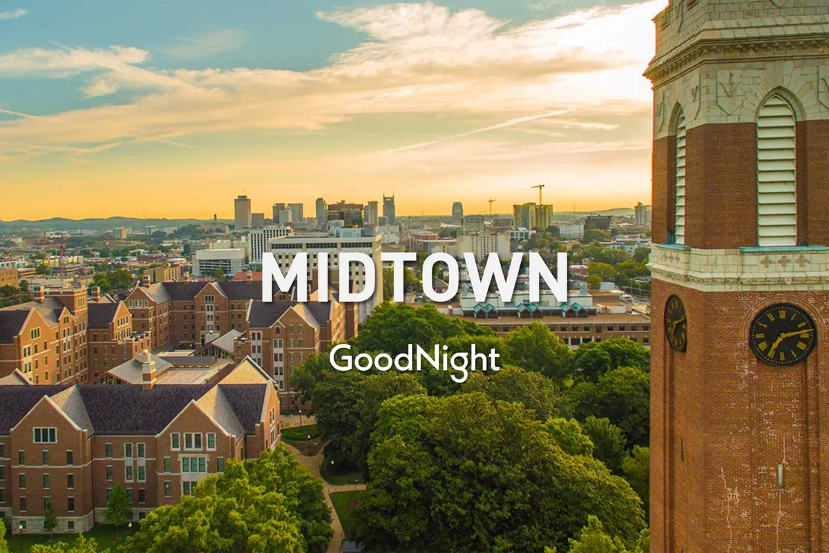 This image features the city skyline framed by historic buildings, a clock tower, and lush greenery. The scene is serene, inviting, and captures the essence of urban exploration in Nashville's West End.